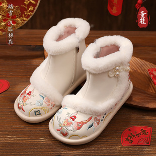 女童汉服鞋配马面裙2025冬季新款加绒儿童雪地靴古风宝宝拜年鞋