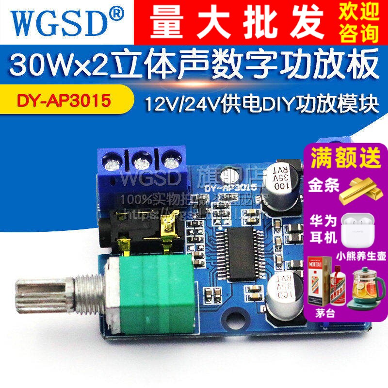 30Wx2大功率立体声数字功放板12V/24V供电DY-AP3015DIY功放模块