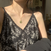 法式 显瘦过膝黑色连衣裙子 韩版 V领蕾丝碎花吊带裙女2025夏季 新款