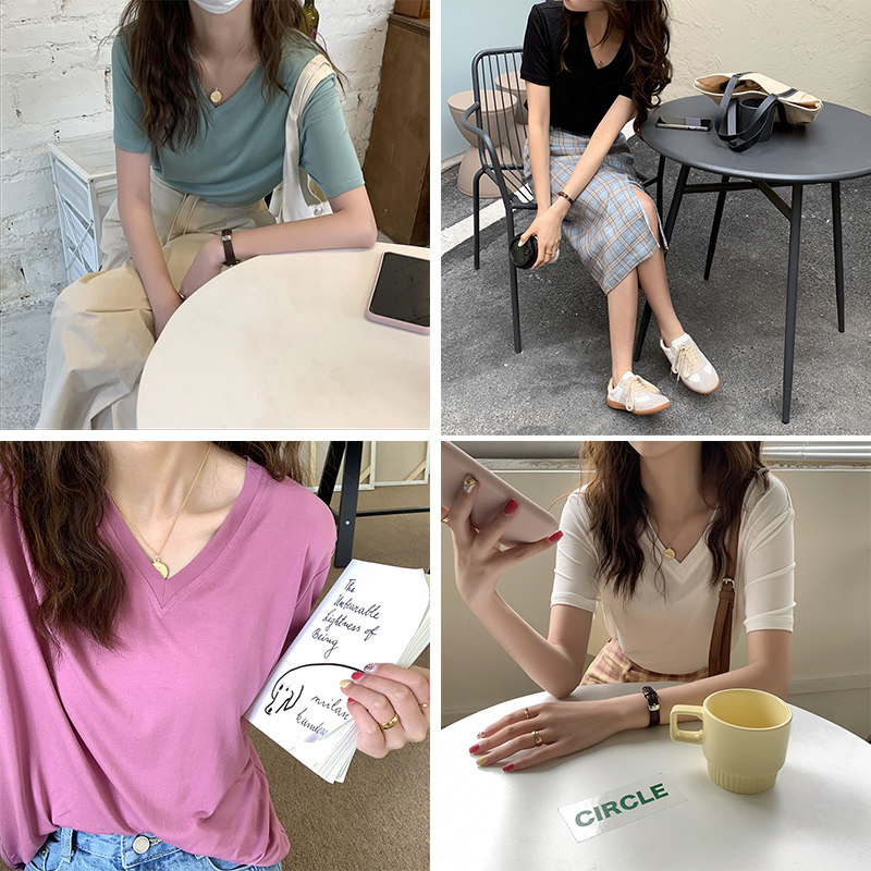 莫代尔V领纯色短袖T恤女2021夏季韩版宽松简约基础款内搭打底上衣