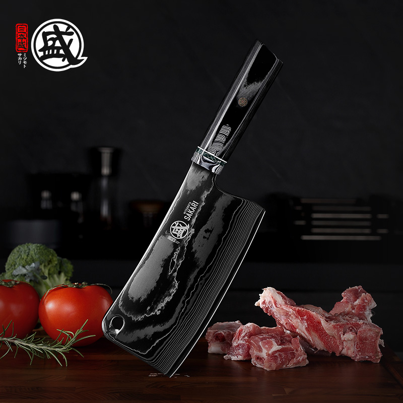 三本盛大马士革钢中式锻打菜刀