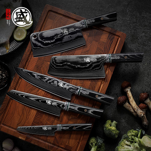 三本盛菜刀套装大马士革钢