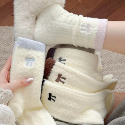 澳绒袜子女秋冬加厚保暖中筒袜拼色蝴蝶结刺绣毛绒袜居家睡眠袜子
