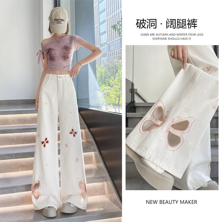 白色蝴蝶烫钻镂空阔腿牛仔裤女夏季薄款2026新款高腰显瘦直筒裤子