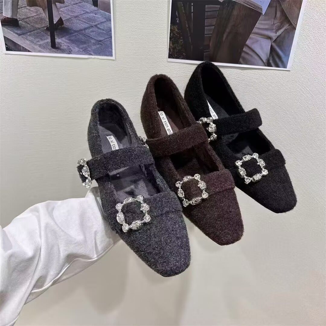 内冬季方扣水钻玛丽珍鞋女3cm小香风粗跟单鞋裙子加绒配法式