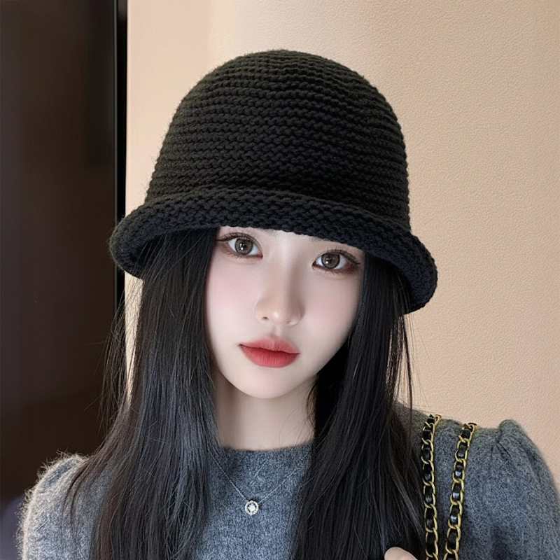 出口韩国高品质针织卷边水桶帽子女秋冬复古咖色渔夫帽大头围盆帽