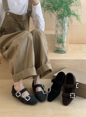 法式灰色水钻加绒单鞋女2025冬季新款保暖毛毛鞋玛丽珍晚晚鞋