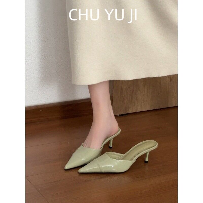 初遇季法式漆皮包头凉鞋女细跟尖头凉拖鞋时尚气质浅口高跟鞋