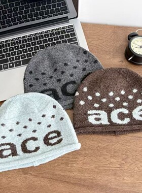 韩版ace字母提花毛线帽子女秋冬波点卷边冷帽百搭复古包头针织帽