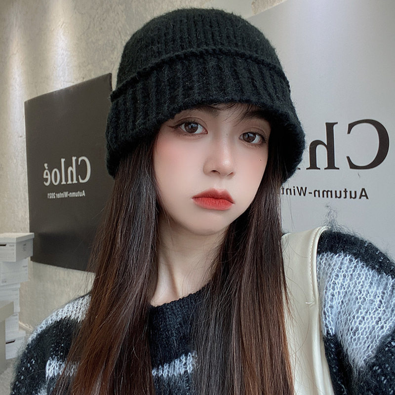 帽子女韩国东大门同款毛线渔夫帽秋冬韩版显脸小保暖针织水桶帽潮