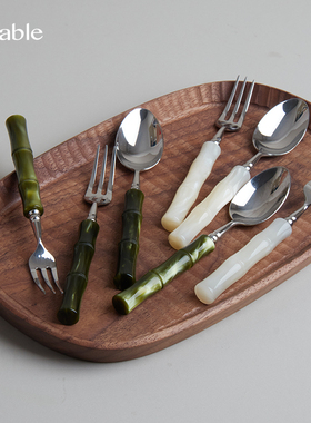 Hitable竹节甜品叉勺创意304不锈钢高颜值蛋糕叉甜品勺复古水果叉