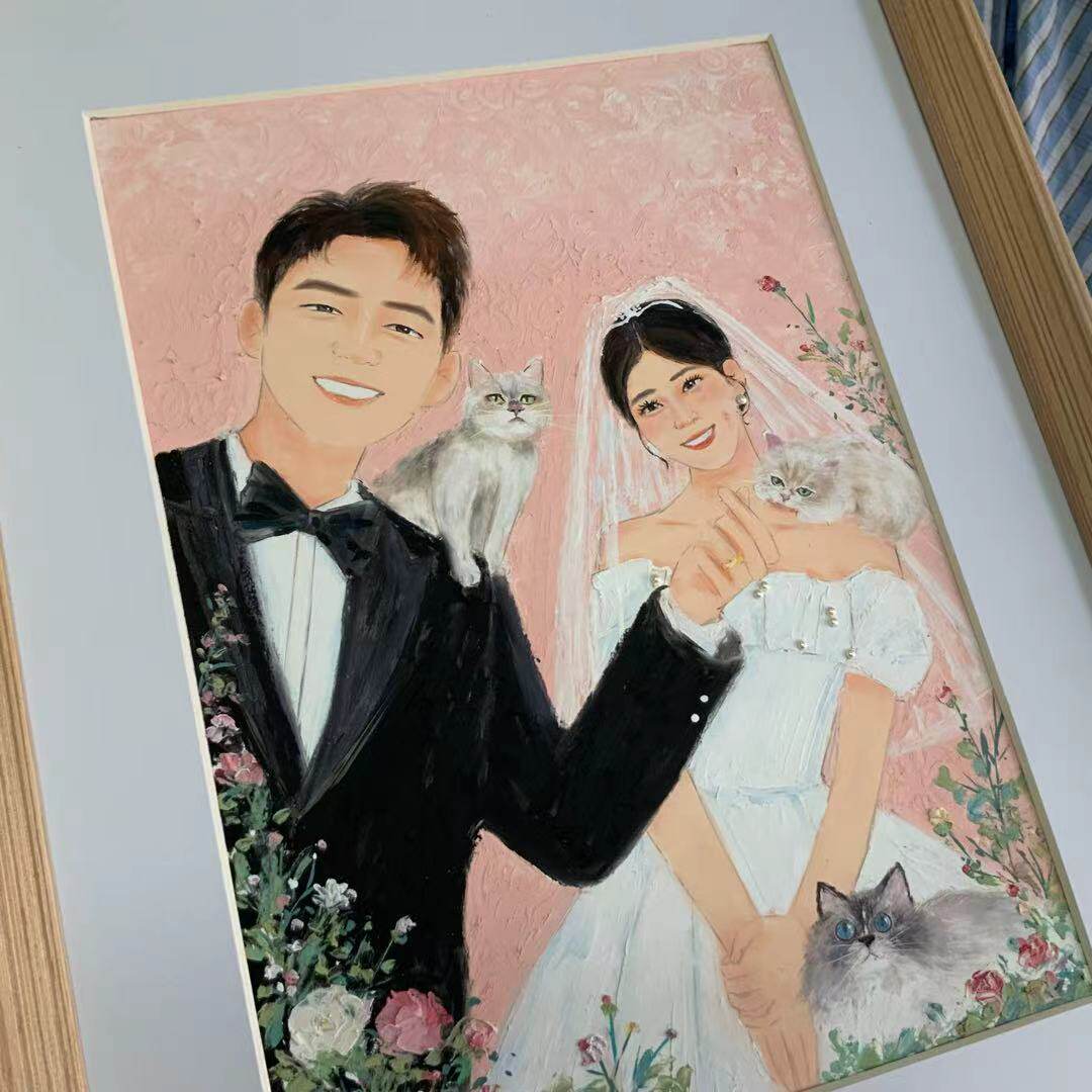 油画棒婚纱人像手绘定制 新婚 情侣全家福礼物 A3尺寸 来图定制