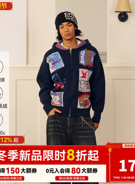 DONSMOKE北极绒邮票连帽毛衣开衫DSM卡通图案设计感秋冬慵懒毛衣