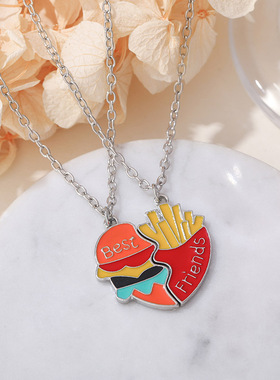 情侣项链美式薯条汉堡拼接吊坠