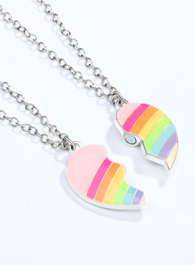 小众新品BFF好朋友项链磁铁石爱心项链合金滴油2人闺蜜时尚百搭款