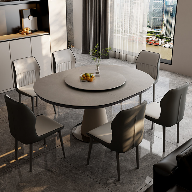 高端圆形伸缩岩板餐桌简约小户型转盘一体家用实木折叠变形圆饭桌