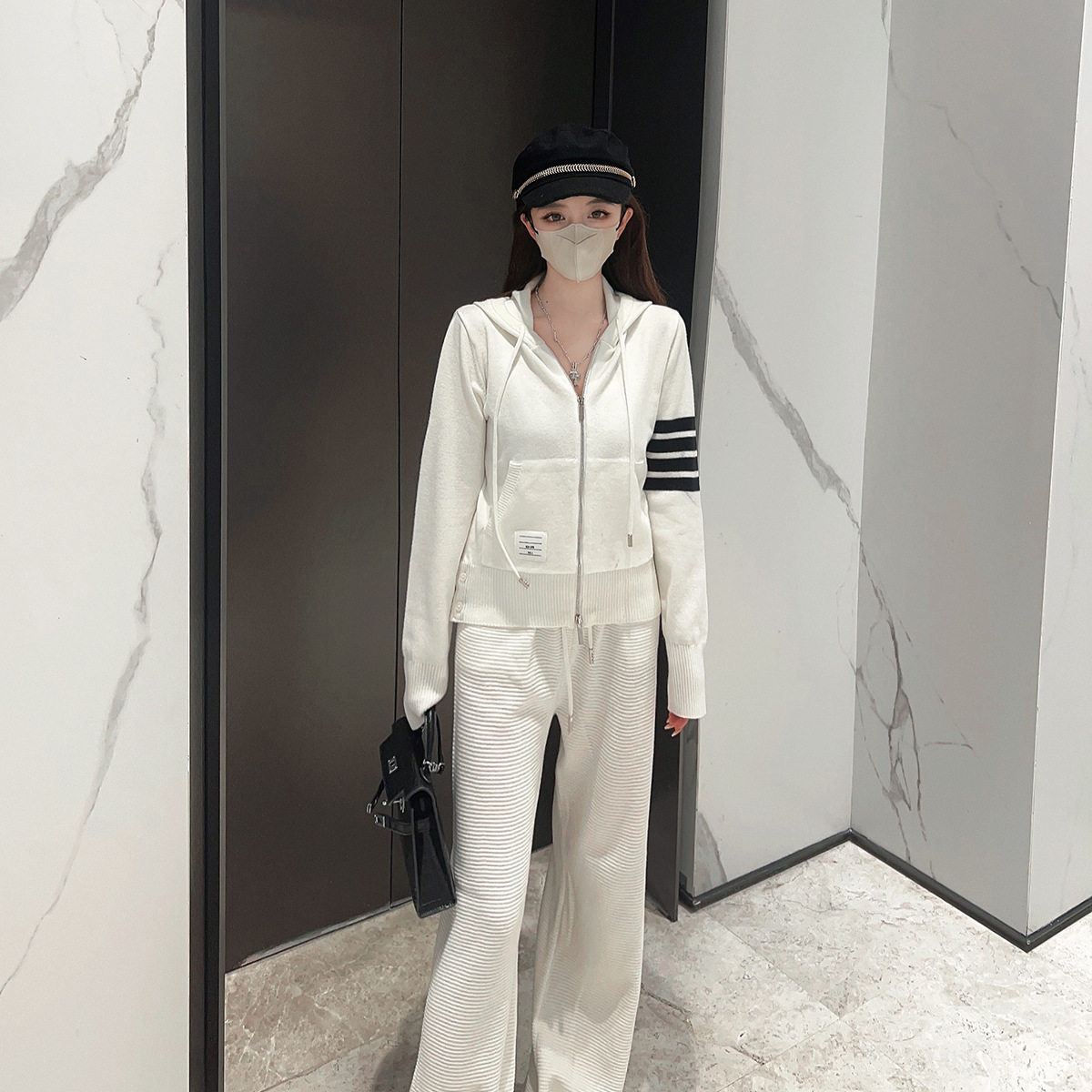 设计感双拉链TB四杠温柔风减龄粉色针织开衫拉链连帽卫衣秋外套