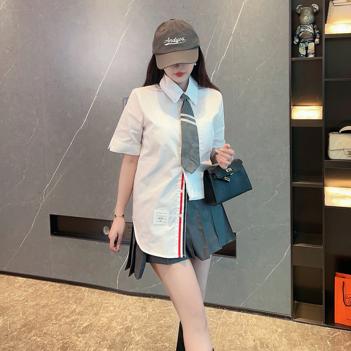 春夏新款tb学院风设计感门襟织带减龄百搭上衣衬衫送灰色领带