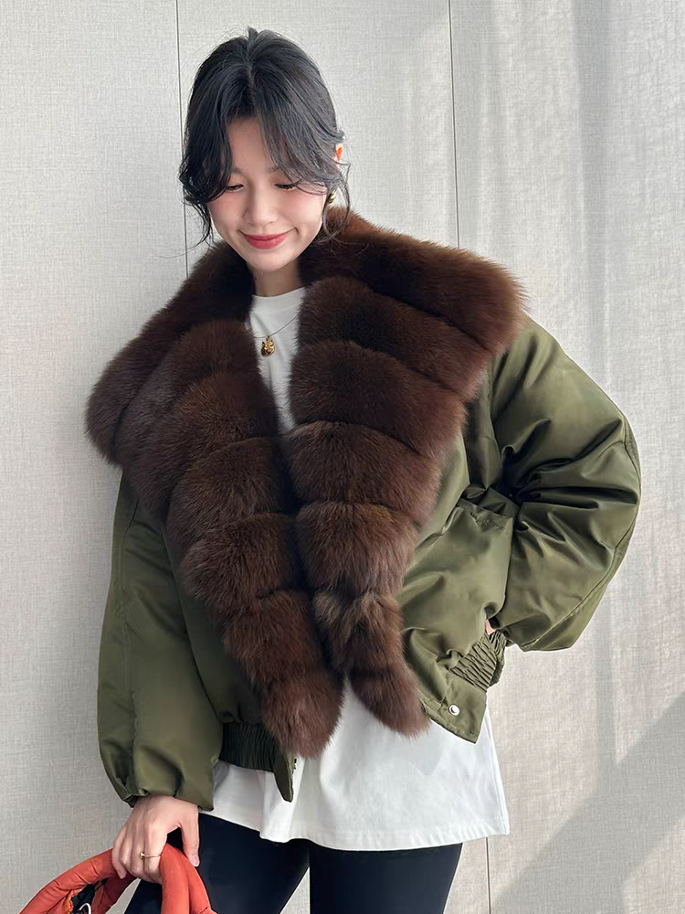 2024冬进口超大狐狸毛领皮草外套女短款90鹅绒羽绒服派克服皮草女