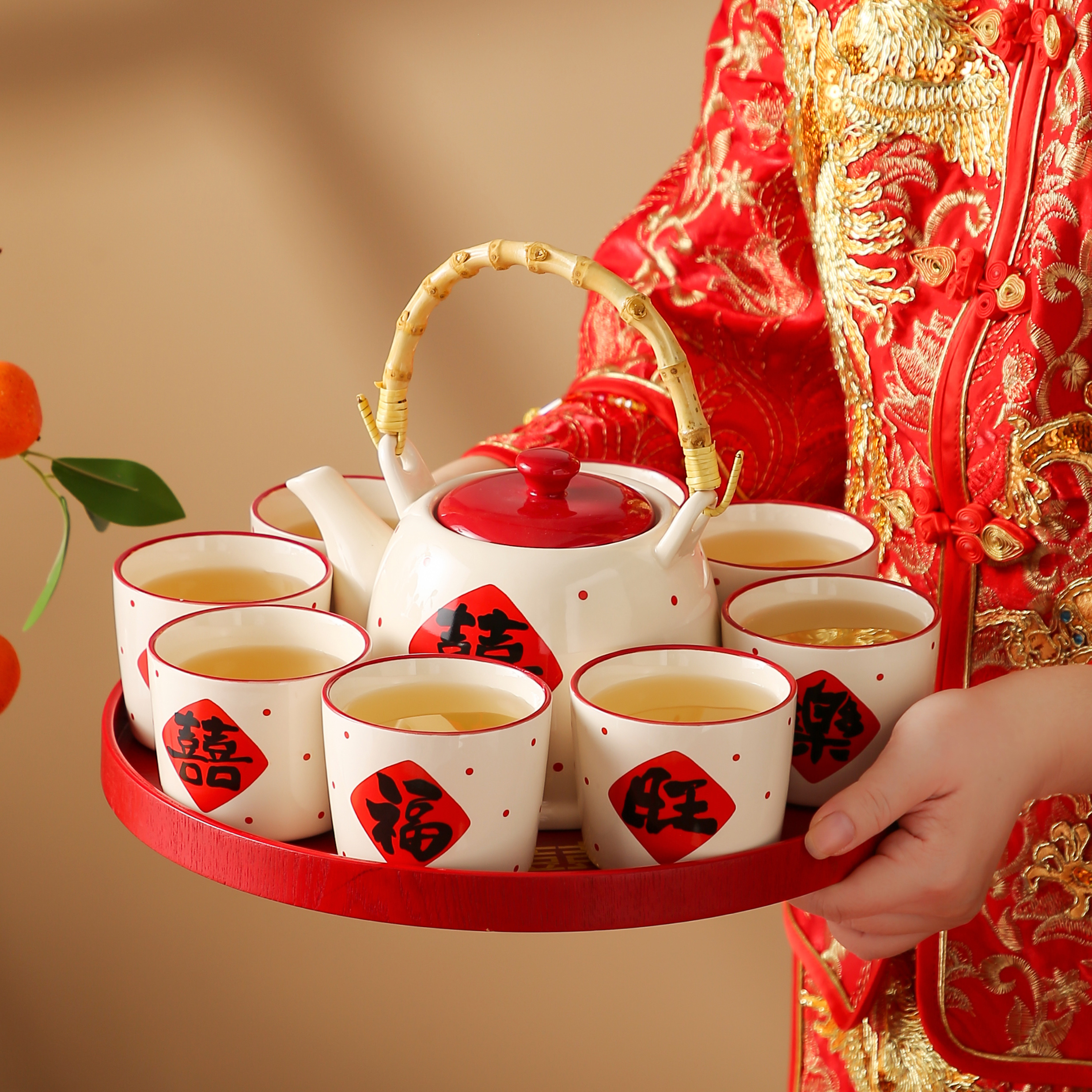 结婚敬茶杯套装红色实用茶具新婚订婚礼物送新人闺蜜新娘陪嫁用品