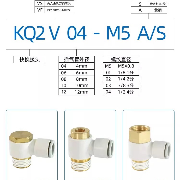SMC气动万向接头KQ2V/KQ2VS/KQ2VF04/06/08/10/12-M5A/01AS/02/03