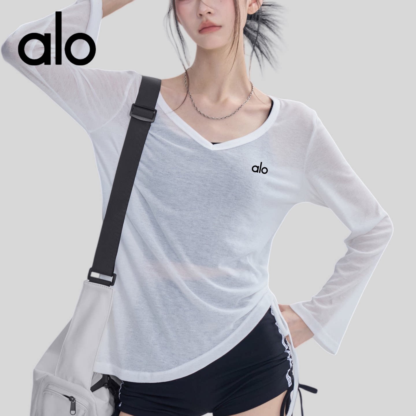 AIo显瘦运动T恤长袖罩衫女绝美抽绳宽松普拉提训练上衣健身三件套