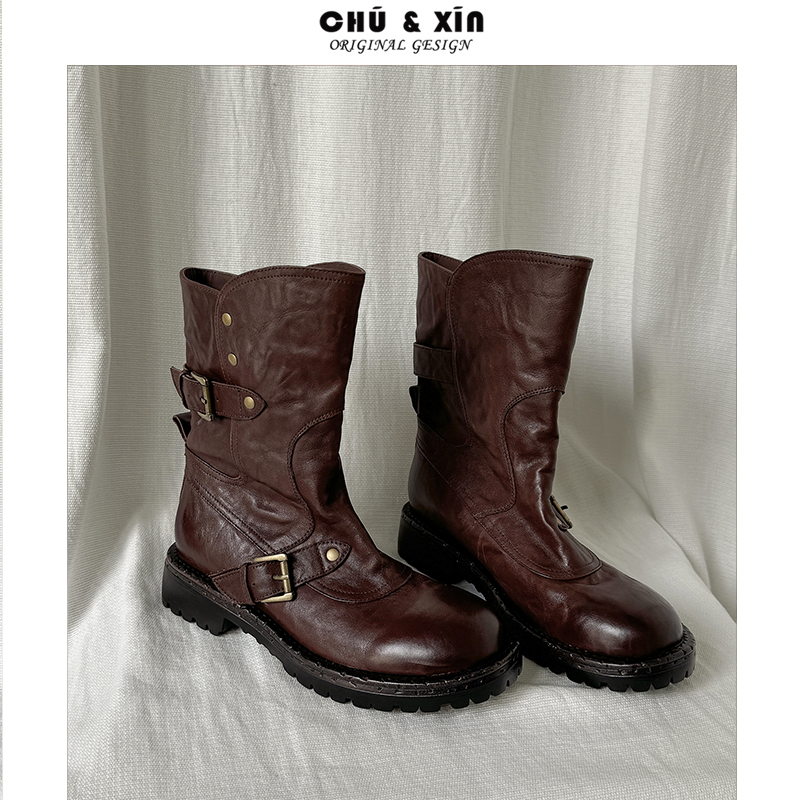 头层牛皮新款显瘦骑士靴短靴女