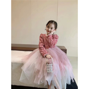 粉色女童亮片艾莎公主裙秋冬连衣裙冬装冬季女孩生日蓬蓬礼服裙子