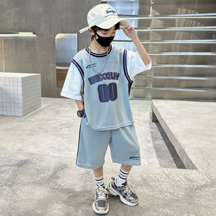 儿童网眼运动两件套中大童帅气套装 新款 夏季 男童假两件篮球服套装