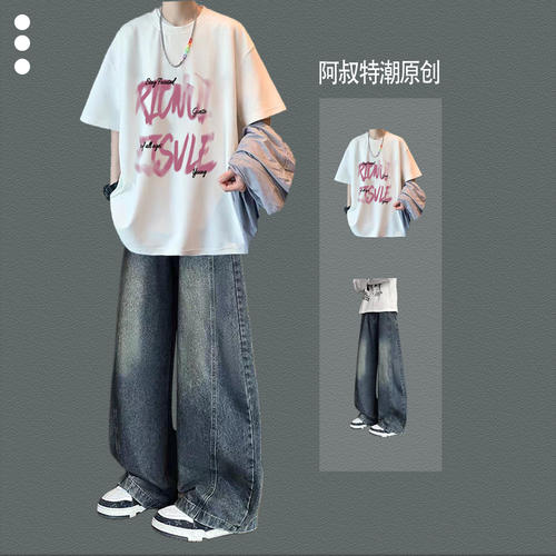 夏季青少年短袖T恤牛仔裤两件套