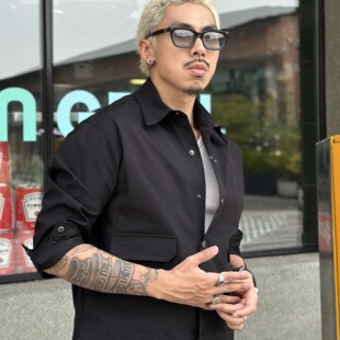 TASTY【暗影】黑色短宽boxy街头潮牌cleanfit纯色长袖衬衫男春夏