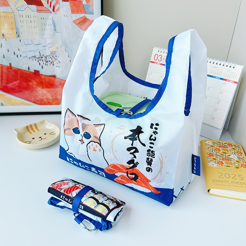 日系卡通可爱猫咪可折叠大容量手提袋环保袋购物袋收纳便当野餐