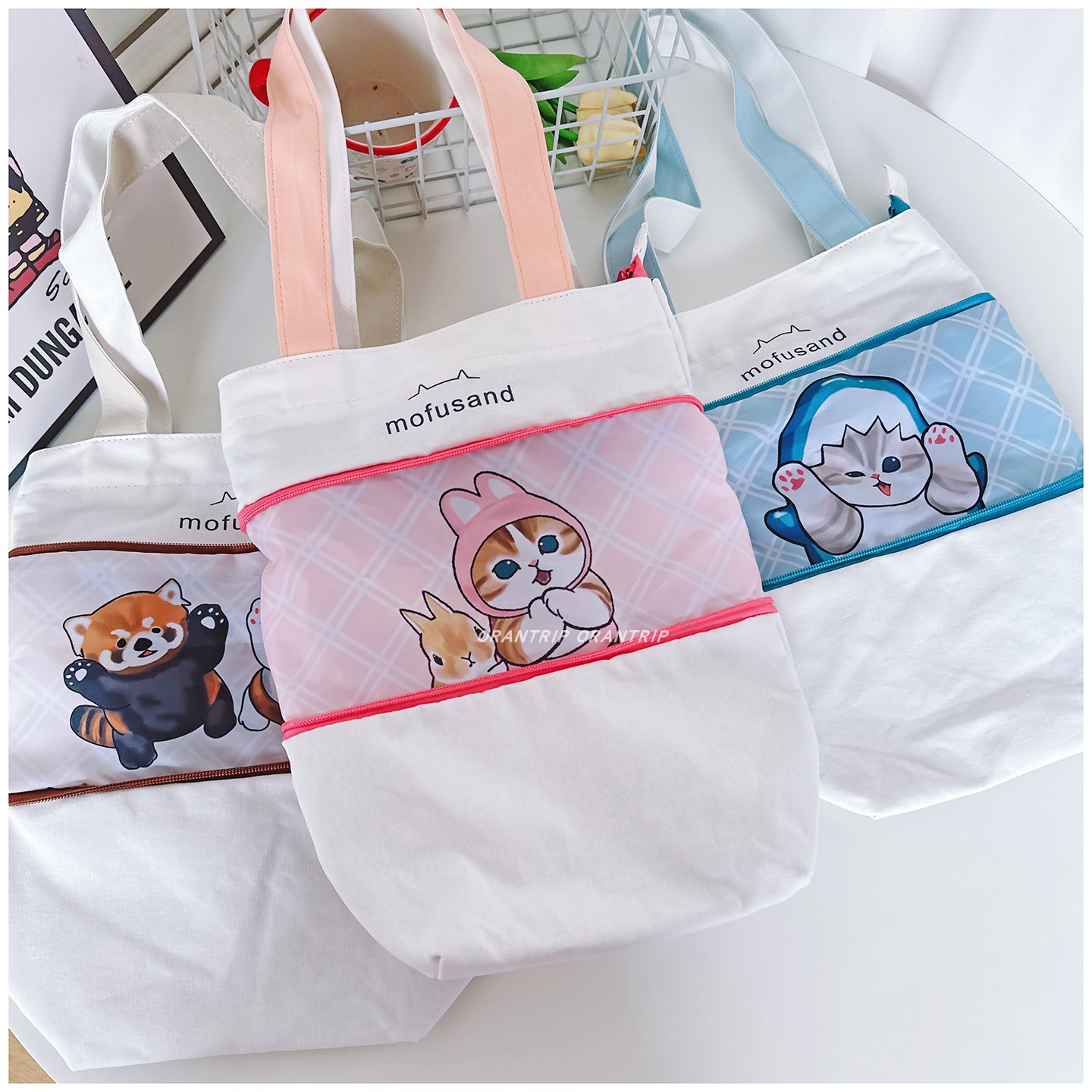 日系卡通可爱鲨鱼猫可伸缩扩容单肩环保购物袋帆布包有拉链创意