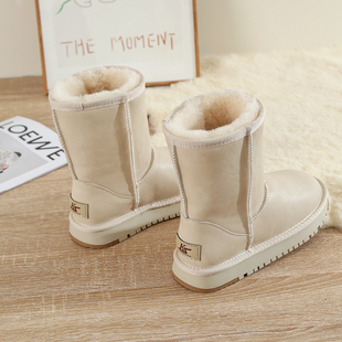 皮毛一体中筒雪地靴女冬2025新款 加绒加厚保暖防滑皮面全羊毛棉鞋