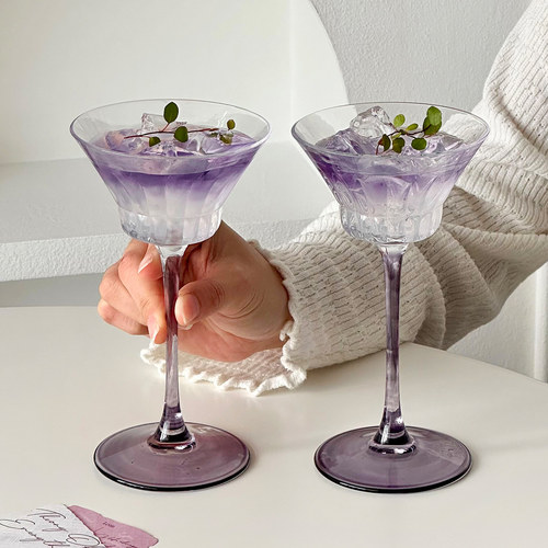 紫色高脚玻璃杯刻花高颜值酒杯