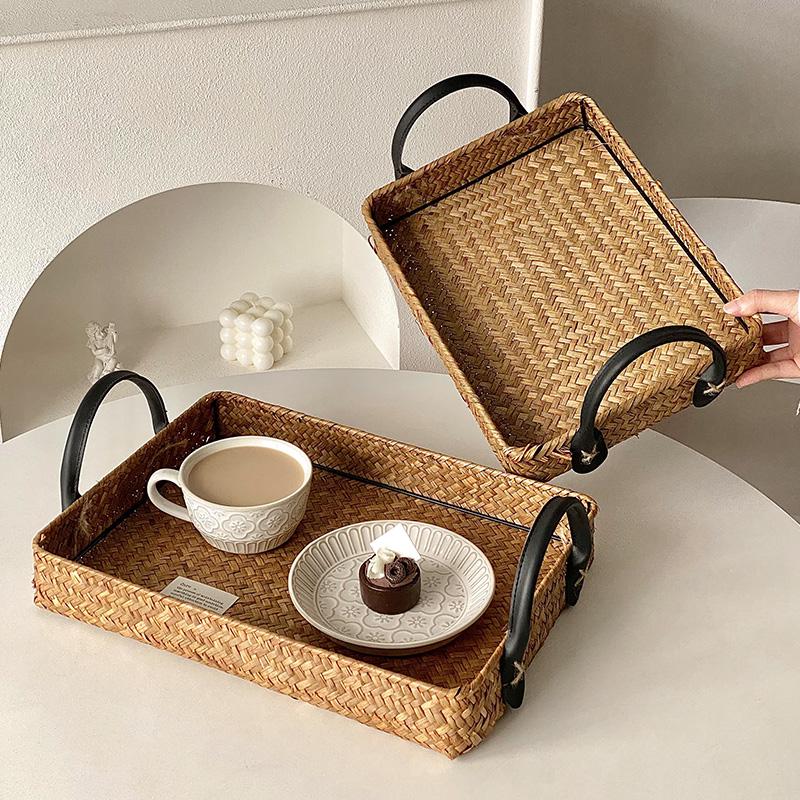 藤编托盘长方形茶具杂物收纳盘
