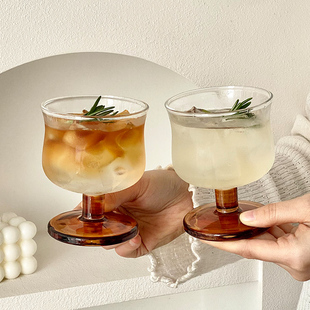 复古棕色矮脚咖啡杯家用设计感小众女生玻璃杯特调饮品喝酒杯子