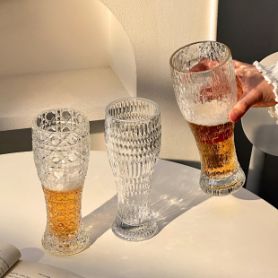 创意刻花玻璃啤酒杯家用高颜值雕花精酿杯扎啤杯大容量高档喝水杯