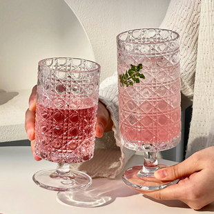 宝石纹高脚果汁玻璃杯家用高颜值冰美式咖啡杯设计感酒杯饮料杯子