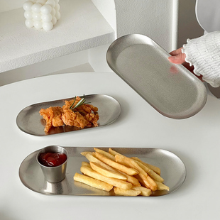 韩式银色不锈钢椭圆盘创意点心盘烤肉碟炸物小吃盘商用餐盘托盘
