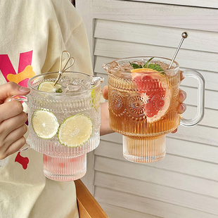 太阳花浮雕可叠宽口玻璃杯大容量带把手水果茶杯果汁冷饮料杯子