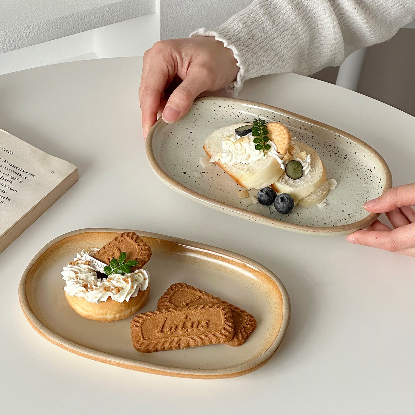 复古陶瓷椭圆盘蛋糕甜品盘高级感家用下午茶点心早餐盘西餐盘子