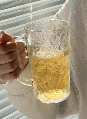 冰川纹杯带把手ins风高级感玻璃喝水杯子女高颜值家用果汁咖啡杯