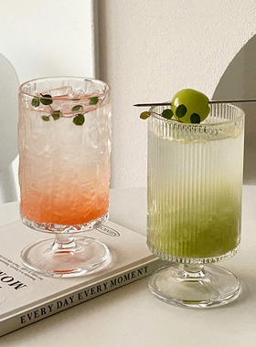 高脚果汁玻璃杯家用高颜值树纹直筒创意透明果茶气泡水杯鸡尾酒杯