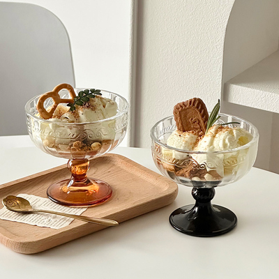 复古中古浮雕冰淇淋杯玻璃高脚甜品杯雪糕碗酸奶早餐碗小众氛围感