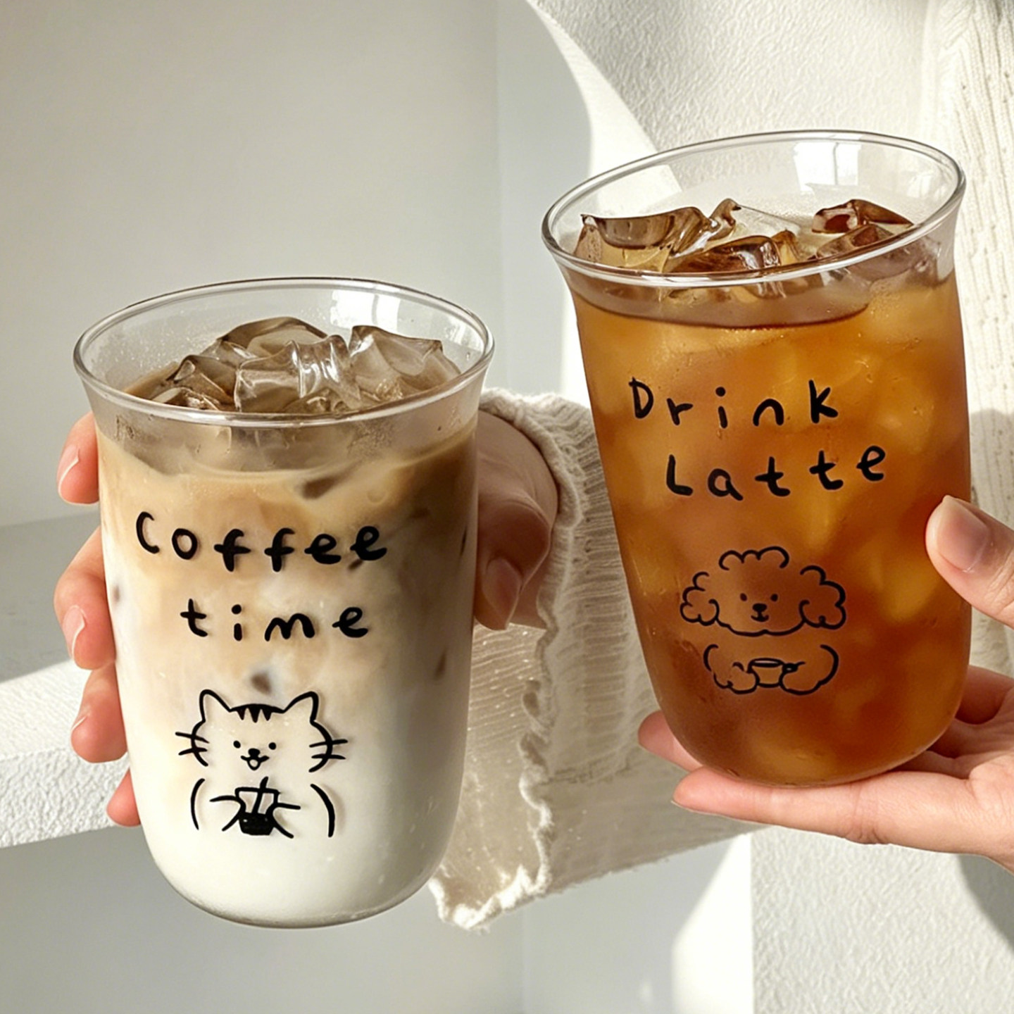 可爱猫狗印花玻璃杯家用创意透明水杯高硼硅耐热饮品拿铁咖啡杯子