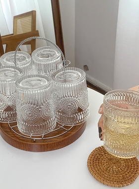 太阳花玻璃杯套装高颜值家庭用待客厅复古浮雕喝水杯子饮料咖啡杯