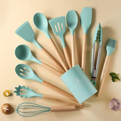 12Pcs/Set Wooden Handle Silicone Kitchen Utensils With Stora