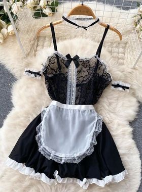 Sexy Maid Cosplay Uniform Lace Patchwork Women's Dress Backl
