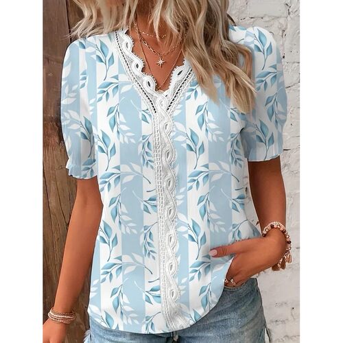 Women's Shirt Blouse  Violets White Plain Lace Short Sleeve